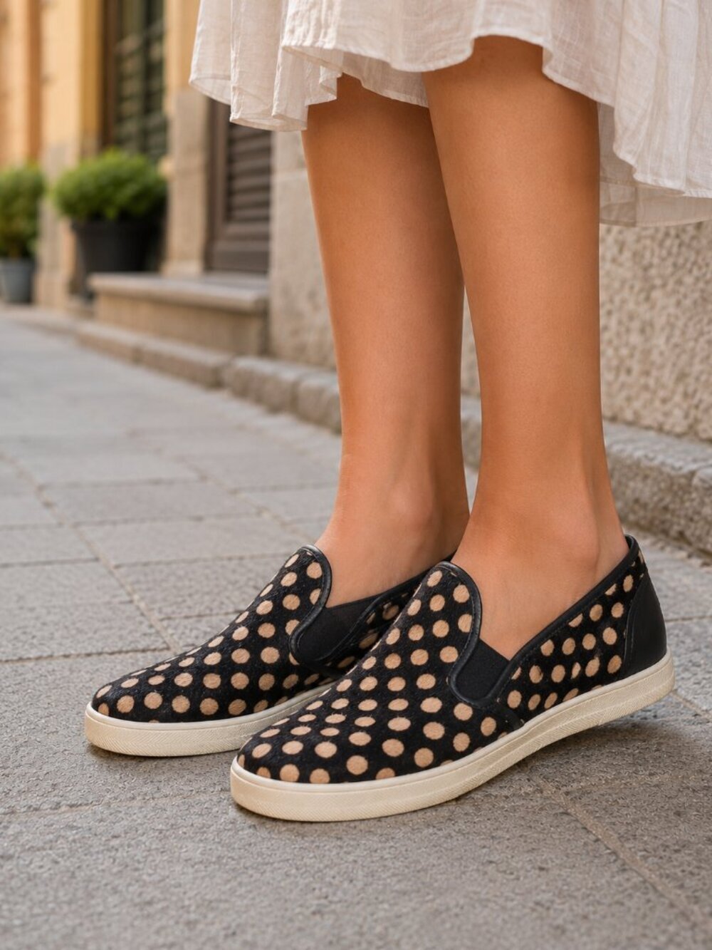 Bottega Veneta Loafers Shoes Womens 38 US 8 Fur Leather Flat Polka Dot Black Tan